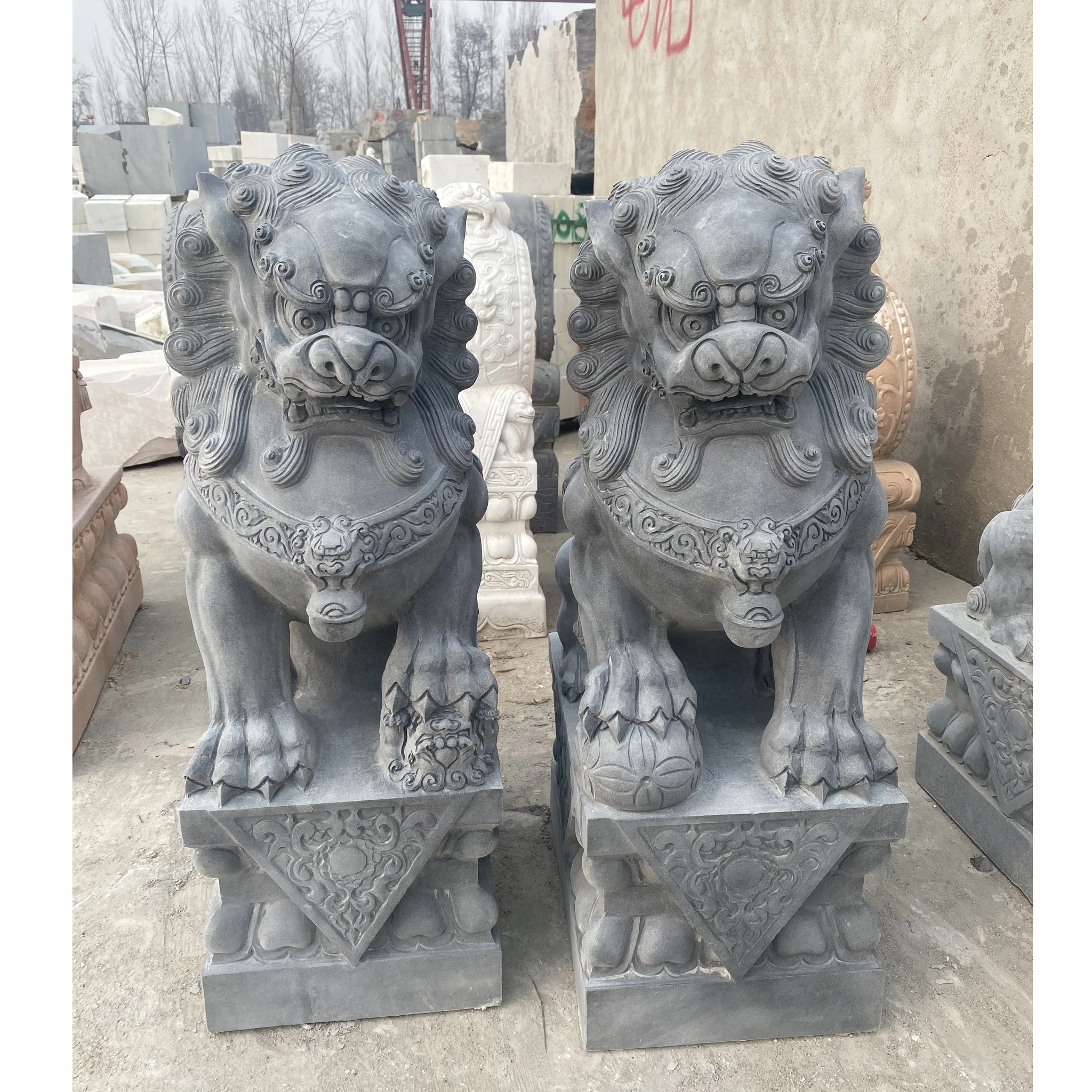 Carved Stone Chinese Lion Statues Marble Traditional Fengshui Animal Sculpture Guard Auspicious Beast