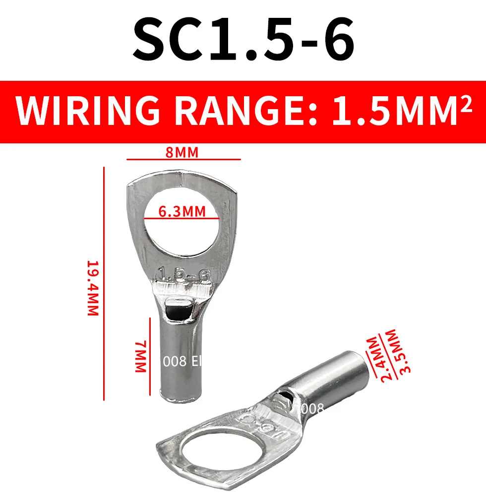 SC1.5-4 SC1.5-5 SC1.5-6 2.5 Tin Plated Copper 4mm 5mm 6mm Bolt Hole 1.5mm2 Cable Wire Cable Lug Battery Connector Crimp Terminal