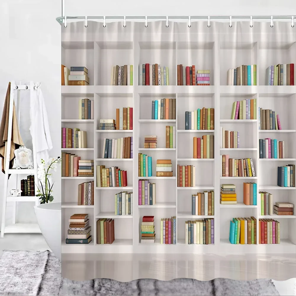 Vintage Bookshelf Shower Curtain Library Learning Education Classics Art Study Bookcase Antique Bathroom Decor Bath Curtain Hook