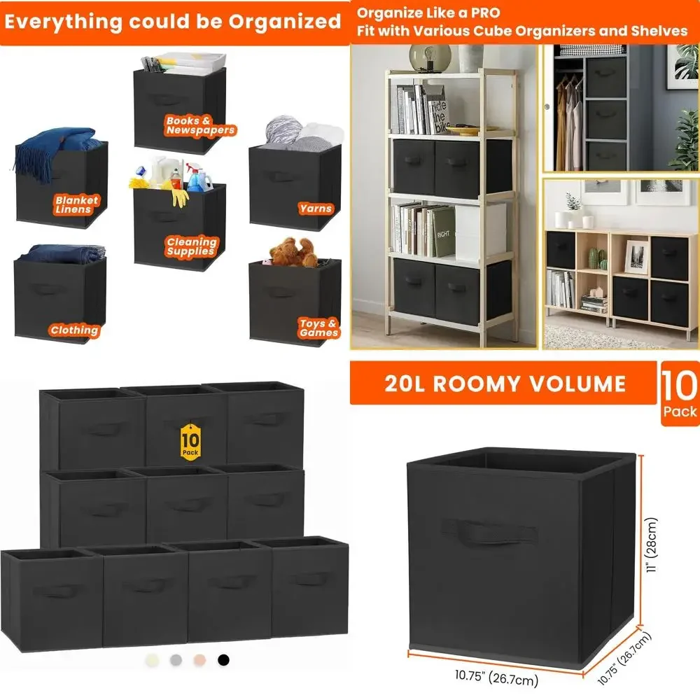 

Кубики для хранения, 11-дюймовые контейнеры для хранения одежды для полки в шкафу (упаковка из 10 шт.), тканевые складные контейнеры для хранения с двойными ручками, Cub
