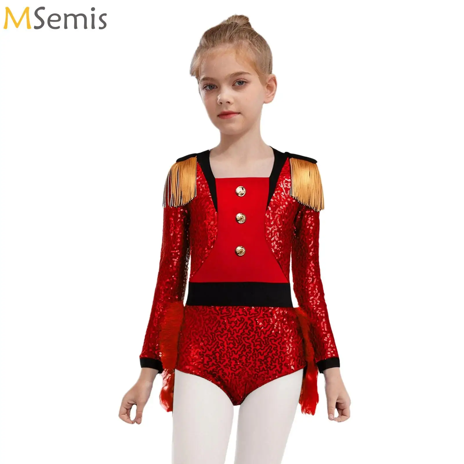 

Kids Girls Circus Ringmaster Sequins Costume Long Sleeve Fringe Epaulet Leotard Feather Bodysuit Lion Tamer Showman for Carnival