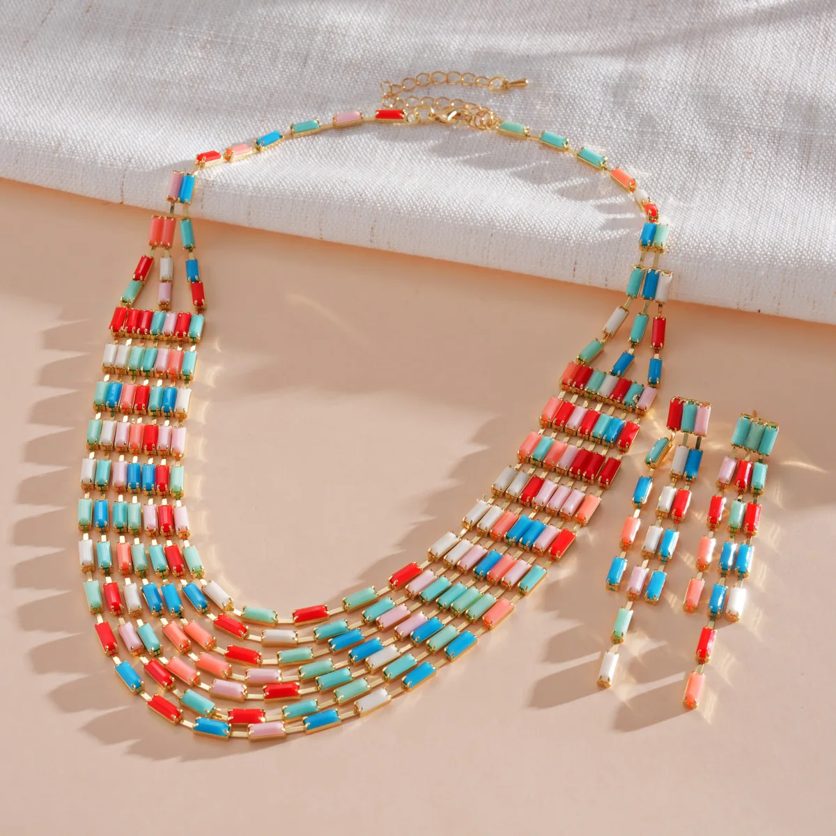 2 Pcs Bohemian Multilayer Colorful Resin Beaded Necklaces for Women Trendy Boho Tassel Drop Earrings Retro Vacation Jewelry Sets