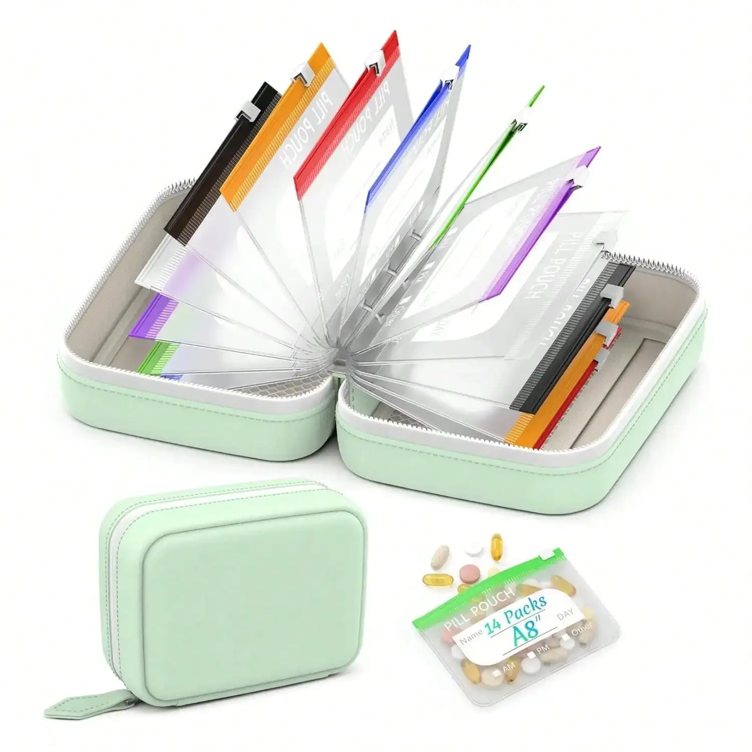 Waterproof Zipper Medicine Pouches Set, 14 Color Designs Weekly Organizer For Daily Supplement Storage