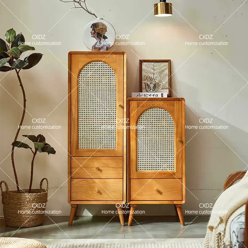 Retro Solid Wood Rattan Chest Cabinet Antique Multi Functional Entrance Display Storage Bookcase Wabi Sandy Style