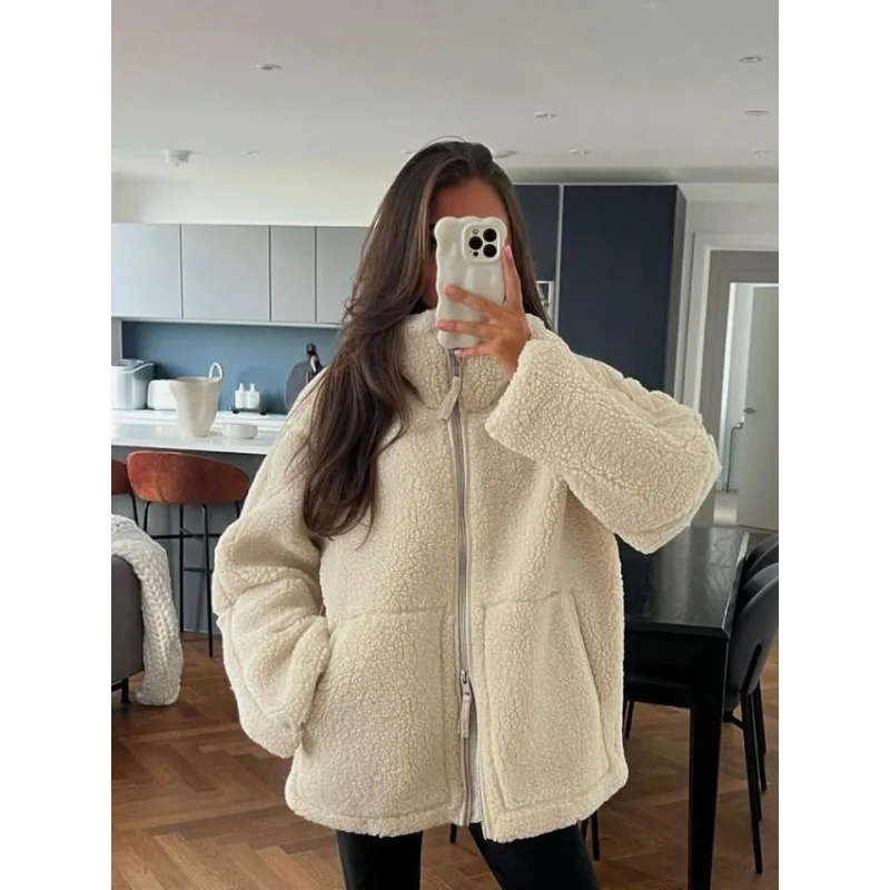 Women's Winter Autumn Top Coat High Neck Solid Color Lambswool Simple Comfortable Casual Fashion New Soft Niche Versatile Skinny