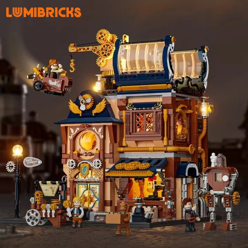 Lumibricks Light with Steampunk World Series Mechanical Repair Shop Retro Architectural Model Mechanical Elephant Assembly Gift