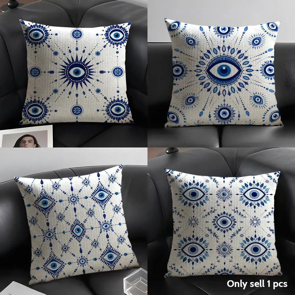 Demon Eye Pattern Cushion Cover Natural Linen Pillow Case Organic Fabric Double Sided Print Sofa Home Decor Gift