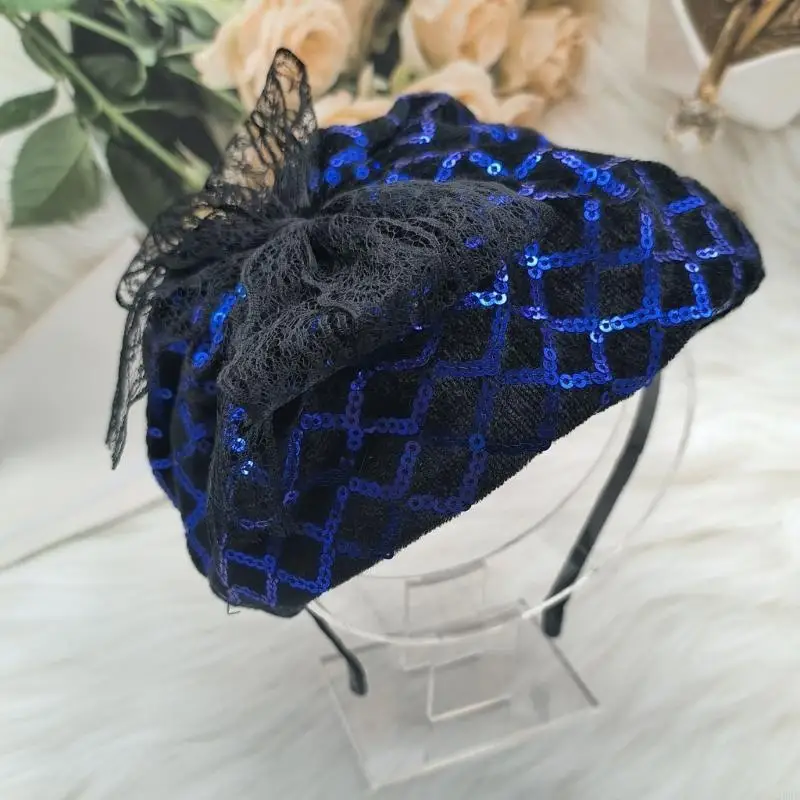 39BC Lace Bowknot Headband Sequined Hat for Women Girl Aesthetic French Fascinator Hairhoop for Evening Dresses Hair Styling