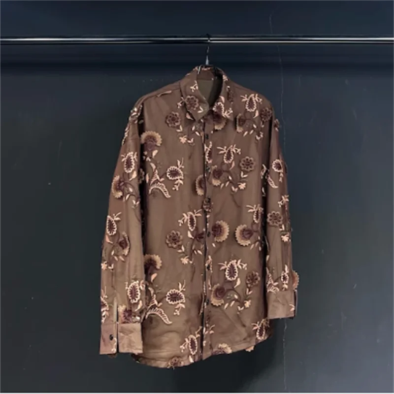 Original design coffee color lace flowers 2024 autumn/winter new heavy industry embroidery flowers long sleeve shirt coat