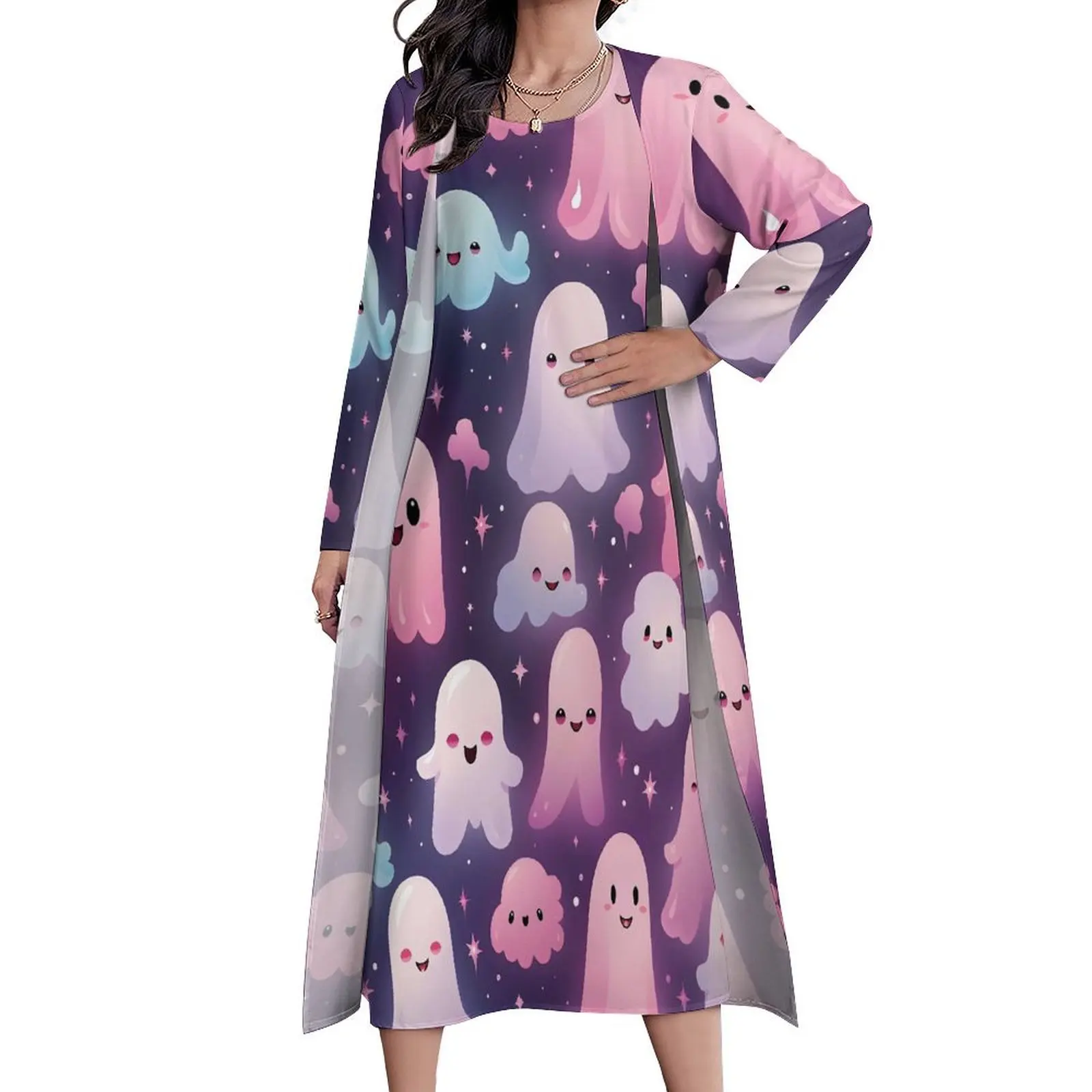 

Мультяшное розовое платье с призраками из двух частей, забавное уличное модное богемное длинное платье на Хэллоуин, женское милое платье макси, подарок на день рождения
