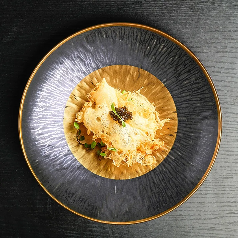 Golden Stroke Ceramic Plates Steak Spaghetti Dinner Plate Circular Spiral Pattern Cake Dessert Dishes Restaurant Hotel Tableware