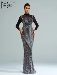 Missord Elegant Round Neck Long Sleeved Sequin Split Evening Gown Bride Wedding Birthday Party Cocktail Formal Occasion Dresses