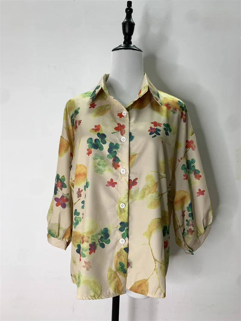 Vintage Summer Shirts & Blouses Apricot Floral Printing Long Sleeve Single Breasted Women\'s Blouse Shirt Female Clothing Tops