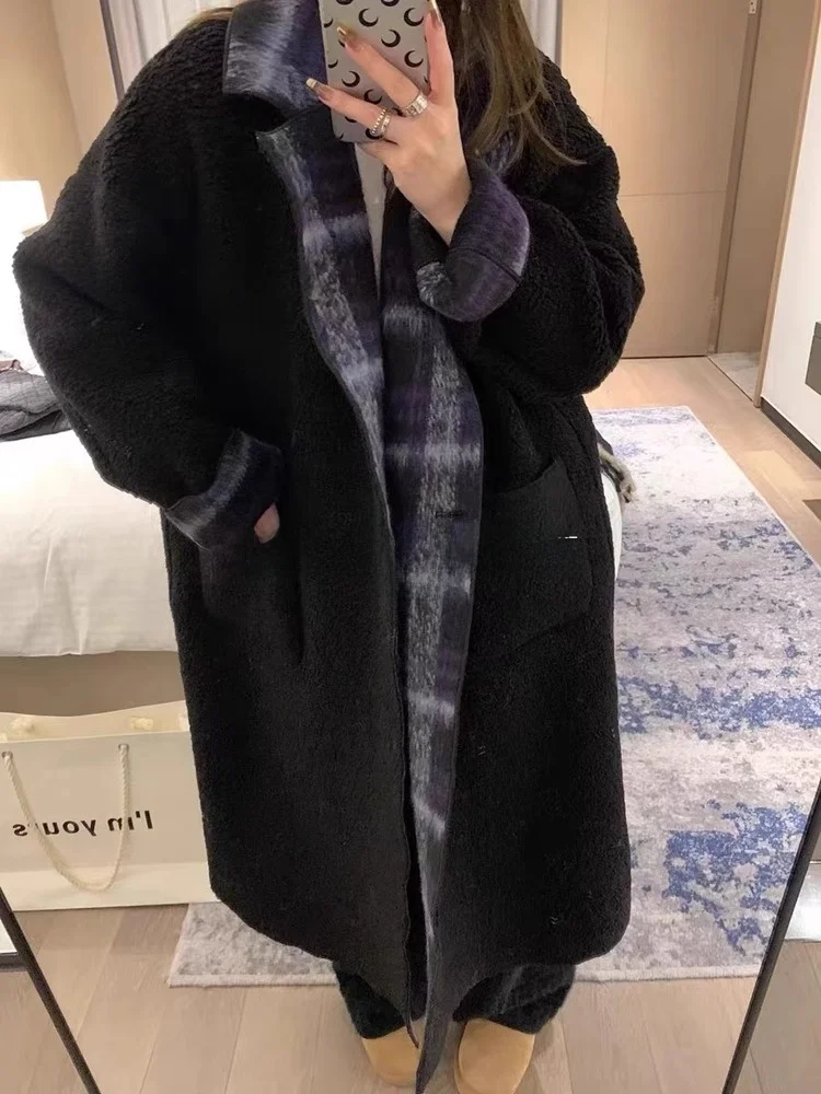 

Пальто ROUJE KEFSS женское зимнее свободного кроя из утолщенной шерсти в клетку, двустороннее, длинное, прямоугольной формы, цвет сандал.