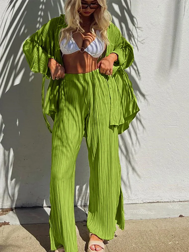 Spring Women's Shirt Pleated Two Piece Set Loose High Waist Wide Leg Pants Suit 2022 Casual Elegant Office Ladies Female Outfit