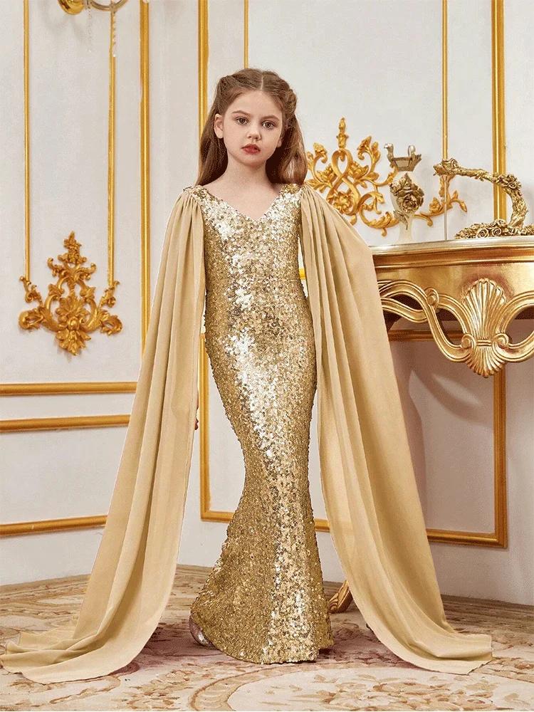 l Wine Pink Shiny Mesh Evening Dress Girl Performance Dress Prom Gown 10-Year-Old Girl Birthday Party Wedding Flower Gir