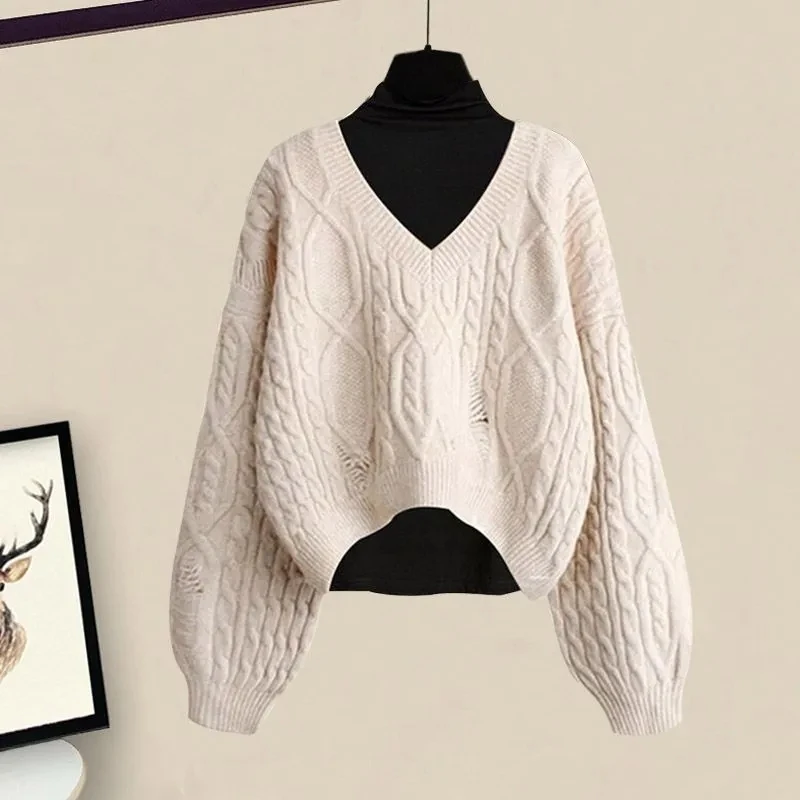 Spring and Autumn Set Women's 2023 New Korean Version Slim Underlay Sweater Sweater with Waist Wrapped Half Skirt Three Piece Se