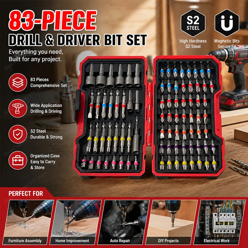 

83 Pieces Screwdriver Drill Bits Set Impact Drill Bits Anti-Slip Magnetic Power Tool Organizer Portable For Garage Home Repair.