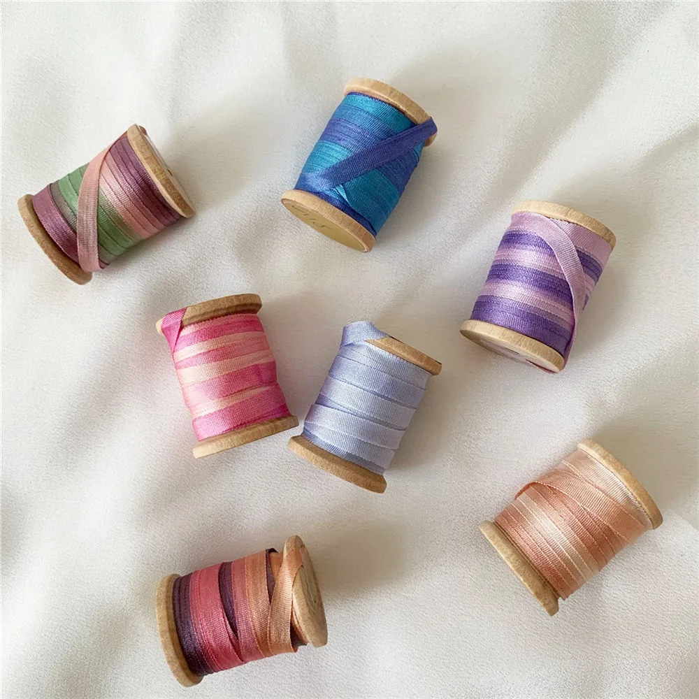 2mmX20mts  Variegated 100% Pure Silk Embroidery Ribbon Thin Taffeta High Quality Silk Ribbon Handcraft