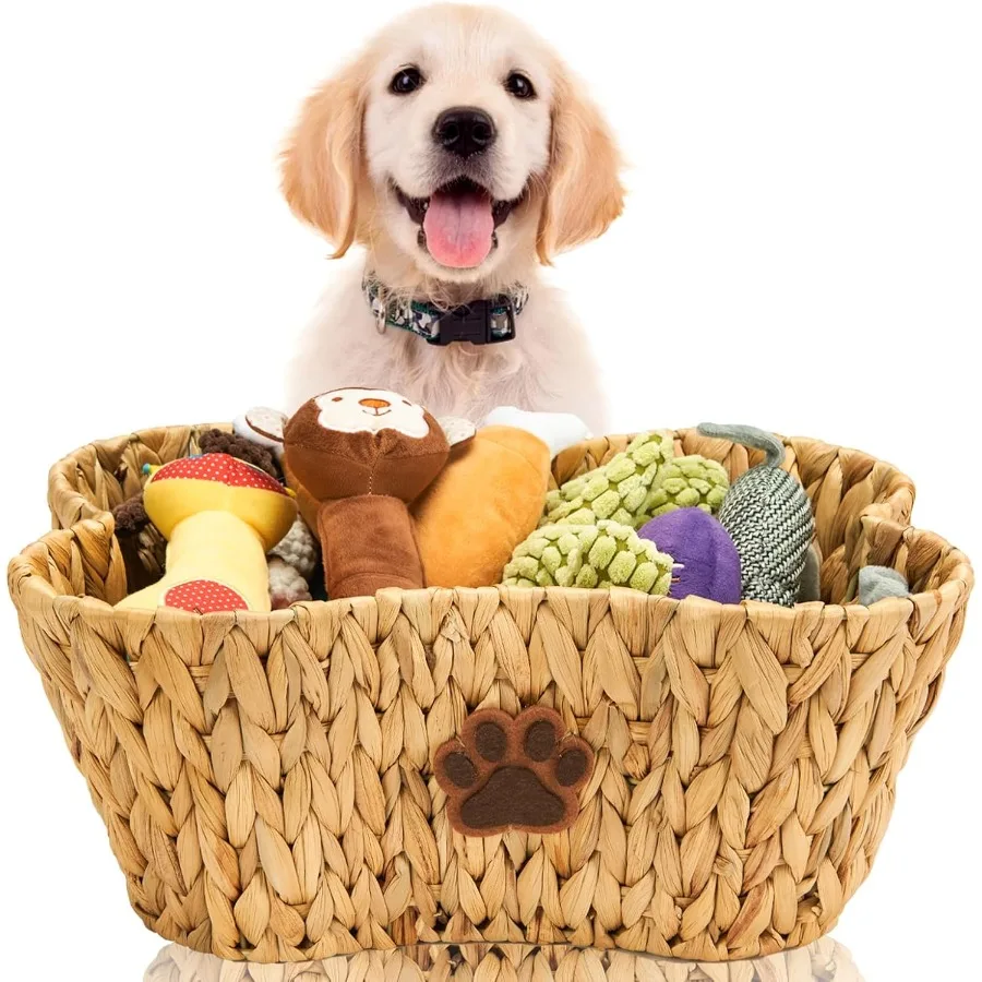 

Large Natural Water Hyacinth Dog Toy Basket Organizer with Bone Shape and Paw Decor for Pet Chew Toys Blankets Treats Storage-x