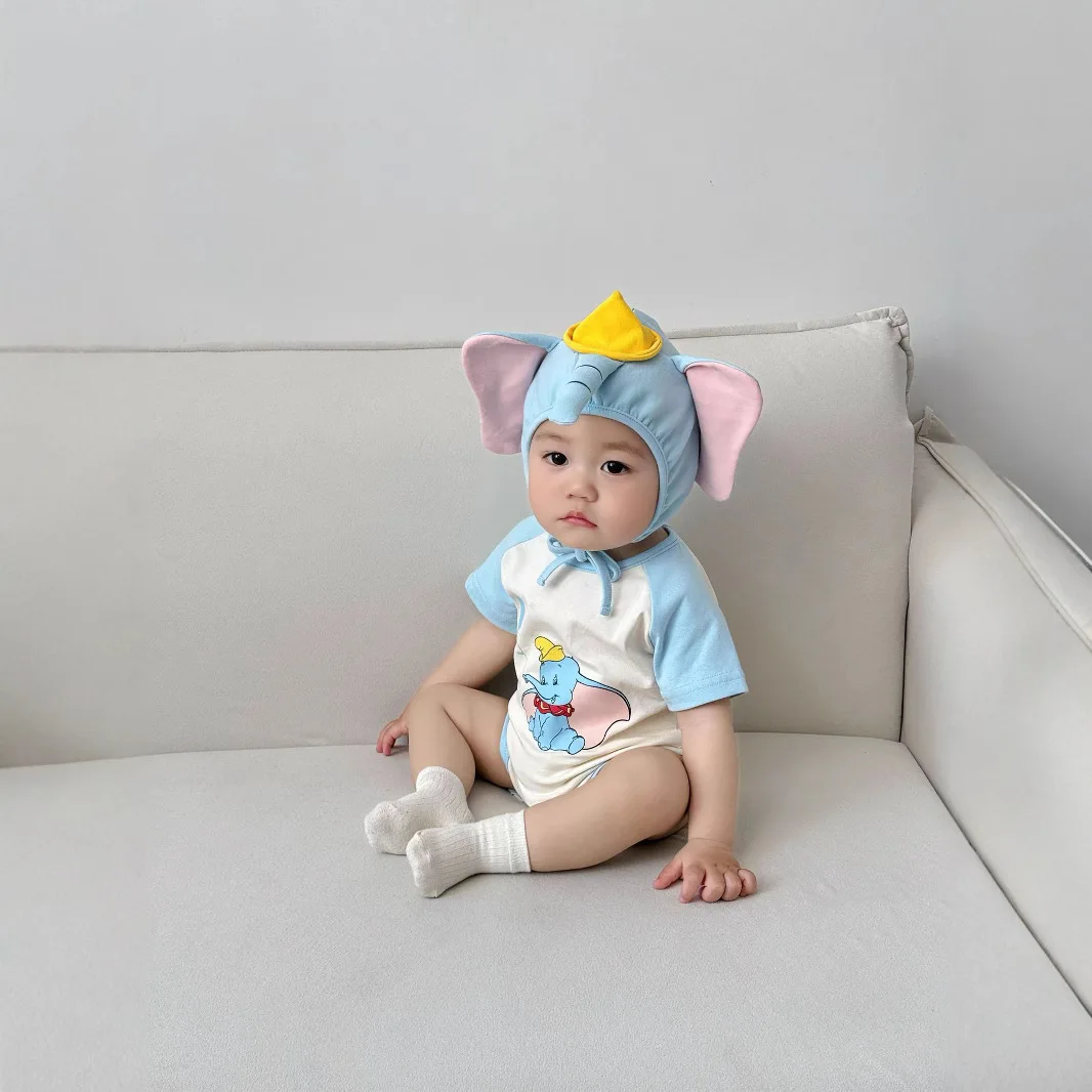 Onesie Bayi Gambar Gajah 3D dengan Set Topi Baju Monyet Lengan Pendek Pakaian Bodysuit Bayi Baru Lahir Pakaian Musim Panas Kostum Hewan Lucu