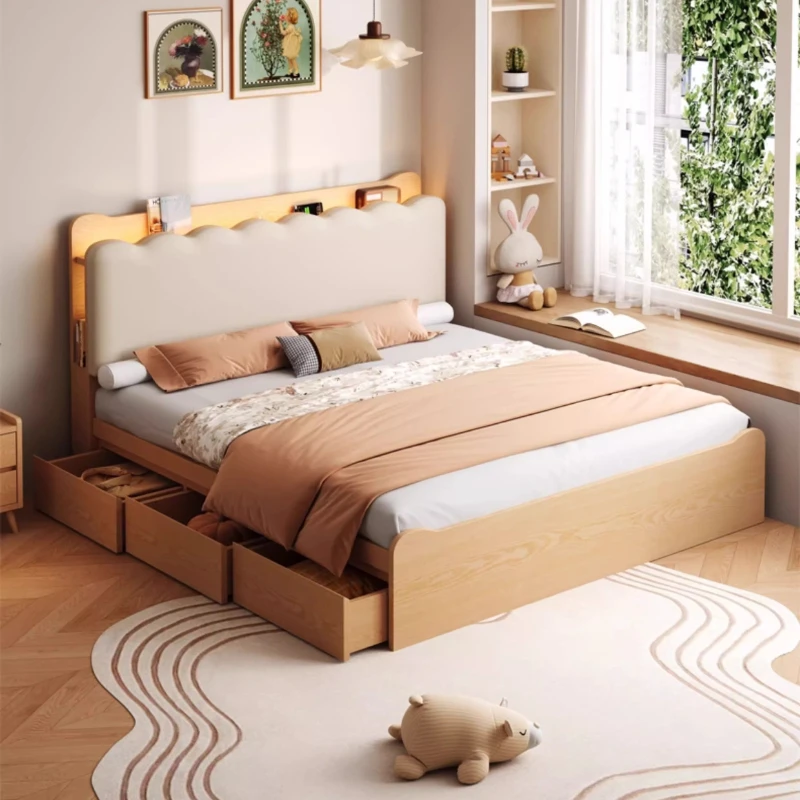 Bed Frame with Storage Space Night Light Charging Port Suit for Children Oak Solid Wood Bed Modern Minimalist Bedroom Furniture