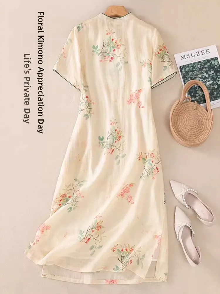 Ele الصيف الحرير القطن الدكتور المرأة الرجعية طوق زر مزين فضفاض الخصر ألف خط ميدي تنورة الصينية Sle