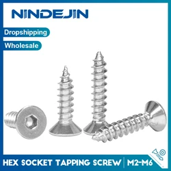 NINDEJIN 5-50pcs Flat Head Hex Socket Self Tapping Screws M2 M3 M4 M5 M6 Stainless Steel Allen Cap Head Screw for Wood