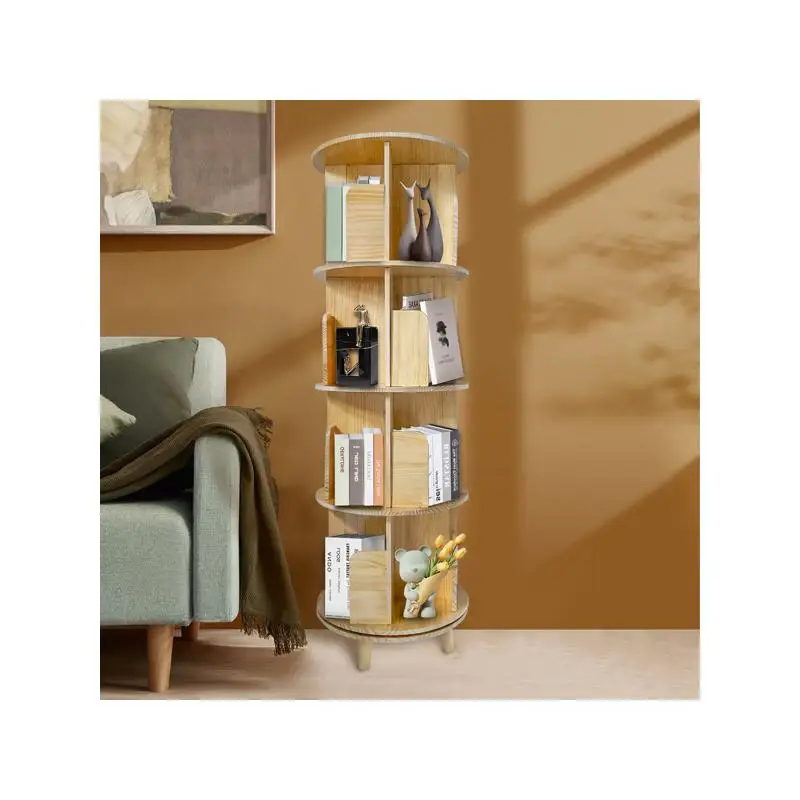 360° Rotating Bookcase Display Rack Pine Wood Bookshelf - Multi-Level Storage for Books and Decor