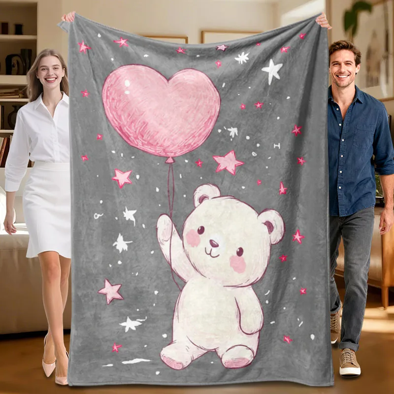 

1 piece pink bear heart theme flannel blanket, soft, suitable for sofa, bed, office, all-season use.