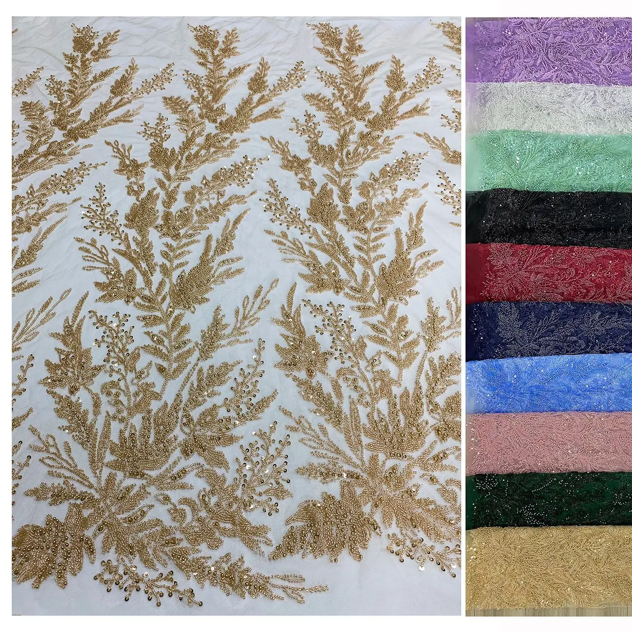 Stickerei Blätter Blumen Stil Perlen Perlen Pailletten Mesh Spitzenstoff für Hochzeitskleid