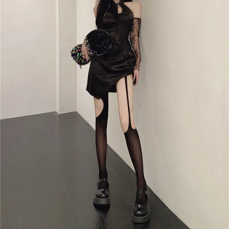 Women Sexy Asymmetric Suspender Tights Female Black Summer Hollow Out Silk Stockings Stretch Long Socks Mesh Suspender Socks