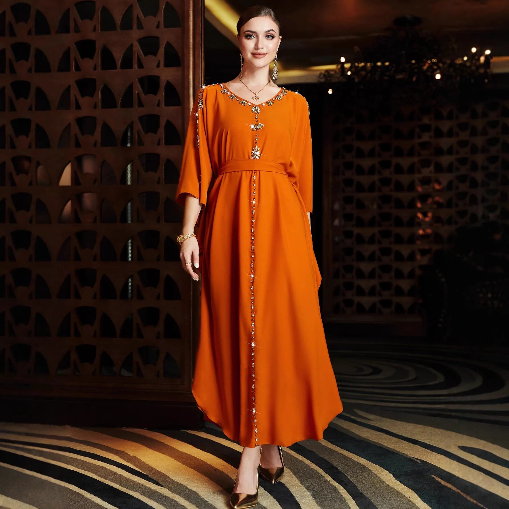 

Оранжевое вечернее платье Ba3020 ручной работы в стиле ретро 2026, мусульманское длинное платье-роба Абайя, элегантное исламское платье класса люкс для Рамадана, Дубай