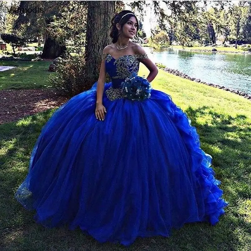 

Ball Gown Royal Blue Quinceanera Dresses 2019 Ruffles Skirt Vestidos De 15 Anos Beaded Corset Off The Shoulder Sweet 16 Dress