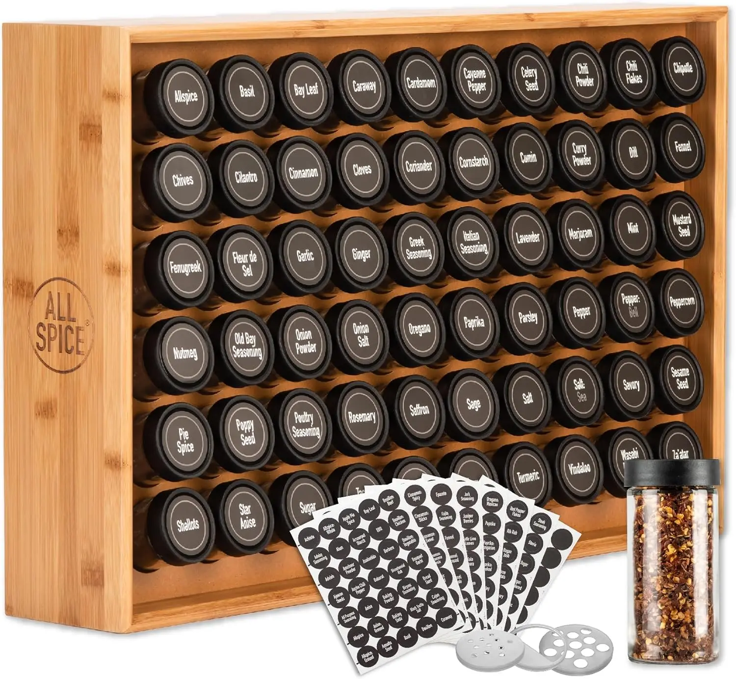 

Spice Rack Organizer, Wood, 525 Unique Labels, Countertop or Wall Mount, Includes 60 4oz Jars- Bamboo