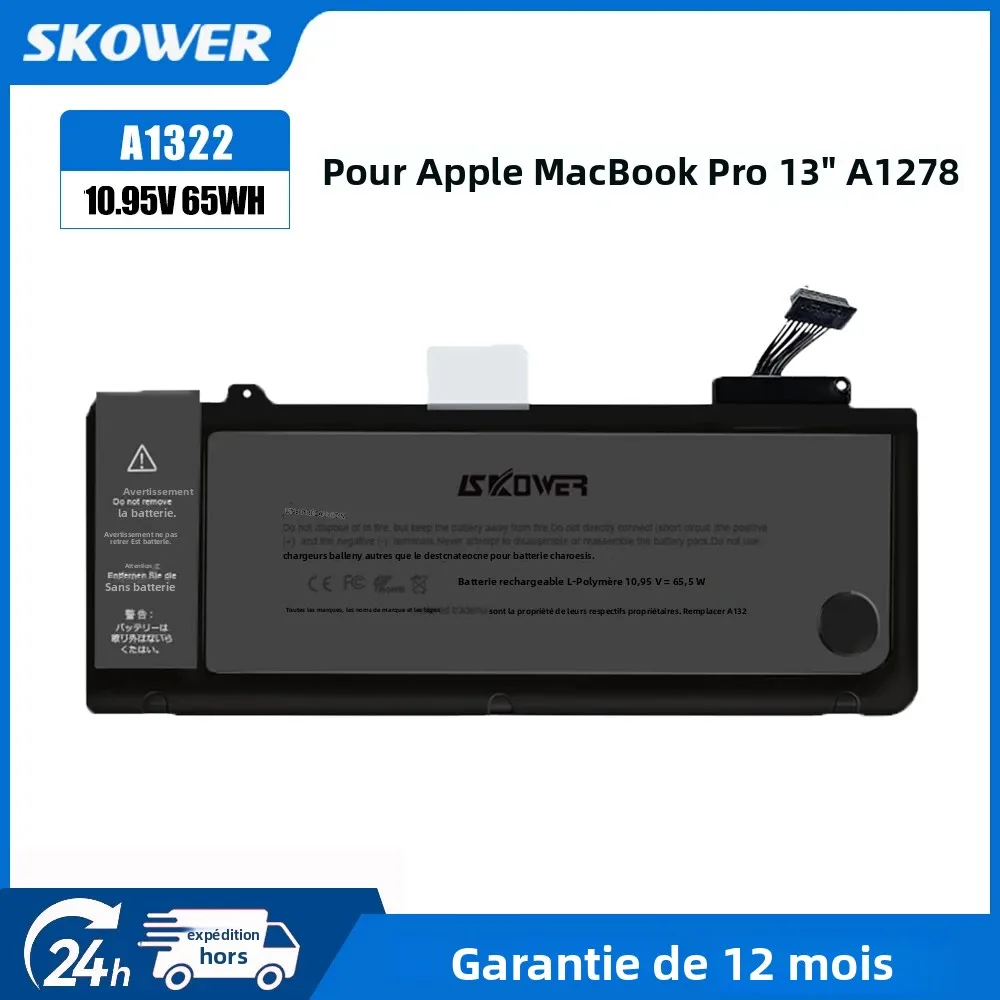 Batterie pour ordinateur portable SKOWER 10.95V 65.5Wh A1322 pour Apple MacBook Pro 13 pouces A1278 (2009-2012)
