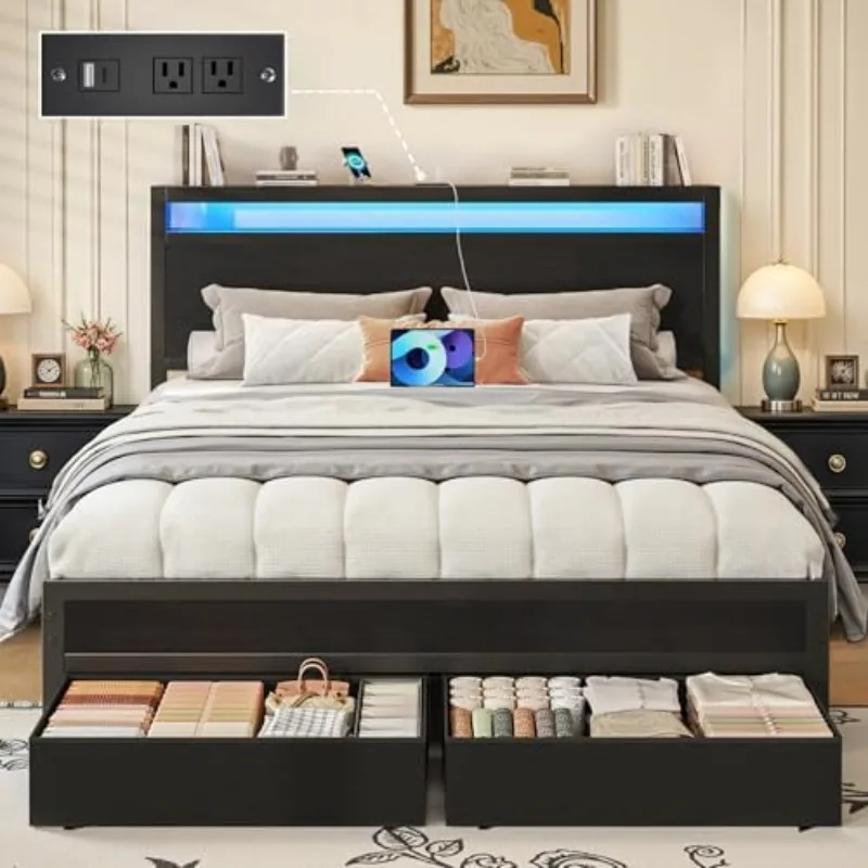Queen Bed Frame,Queen Bed Frame with Storage Headboard & 2 Storage Drawer, Charging Station & LED Light, No Box Spring