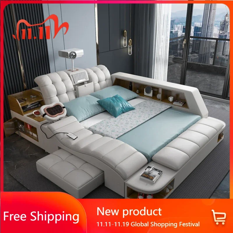 

Nordic With Drawers Leather Multifunctional Bed Wood Nordic King Size Frame Double Bed Storage Modern Cama Matrimonial Furniture