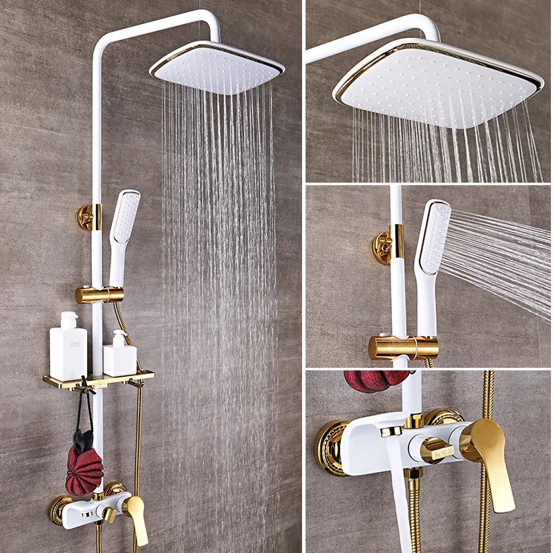 

White Gold Shower System for Luxurious Bath Experience - High Quality Copper and Brass Bathtub Faucet, Rainfall Head