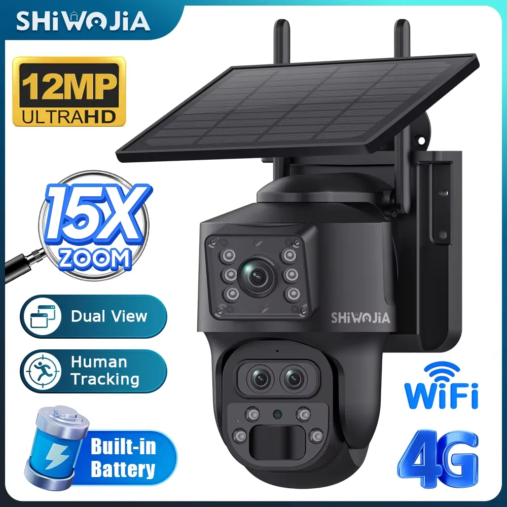 SHIWOJIA 12MP 15X Zoom 4G Sim كاميرا تعمل بالطاقة الشمسية بشاشة مزدوجة في الهواء الطلق 4K ثلاثة عدسات حماية أمن السيارات تتبع السيارات كاميرات CCTV