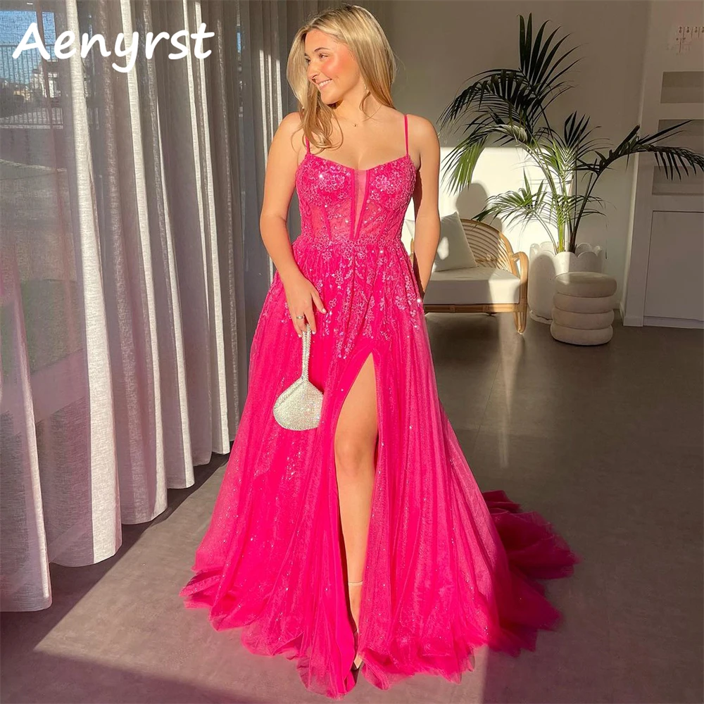 Aenyrst-Vestidos de Noche de encaje con tirantes finos, vestidos de desfile de línea A con abertura lateral, vestido de fiesta largo hasta el suelo