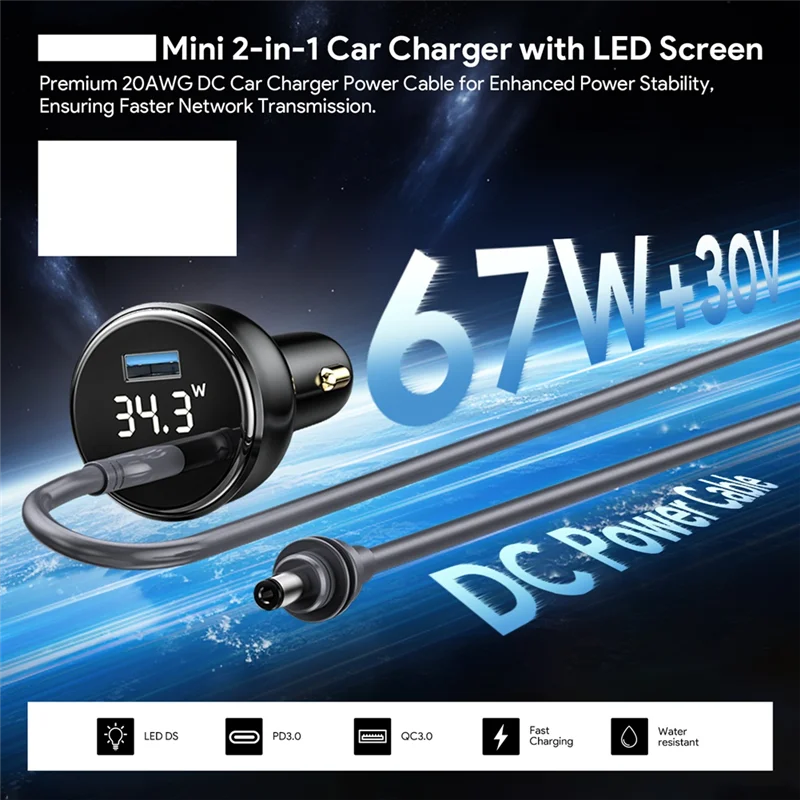 Автомобильное зарядное устройство Smart-For Starlink Mini 100 Вт 2-в-1 с 3-метровым кабелем Type-C к постоянному току, светодиодный экран, вставка отверстия прикуривателя