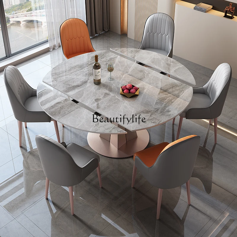 Light luxury rock slab dining table variable round table modern simple household small retractable folding dining table
