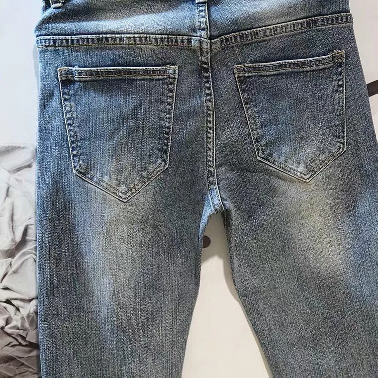 Jeans Men Italy Luxury Trendy Brand Loose Straight Elastic Korean Trendy Japanese Pants Light-colored Retro Old Ripped Jeans Men
