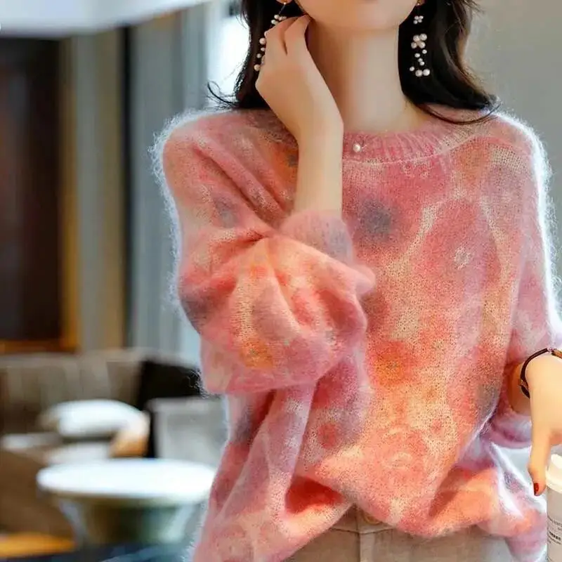 Autumn Winter Women Fashion Cross Border New Christmas Round Neck Knitted Sweater Long Sleeve Lazy Style Loose Knitted Sweater