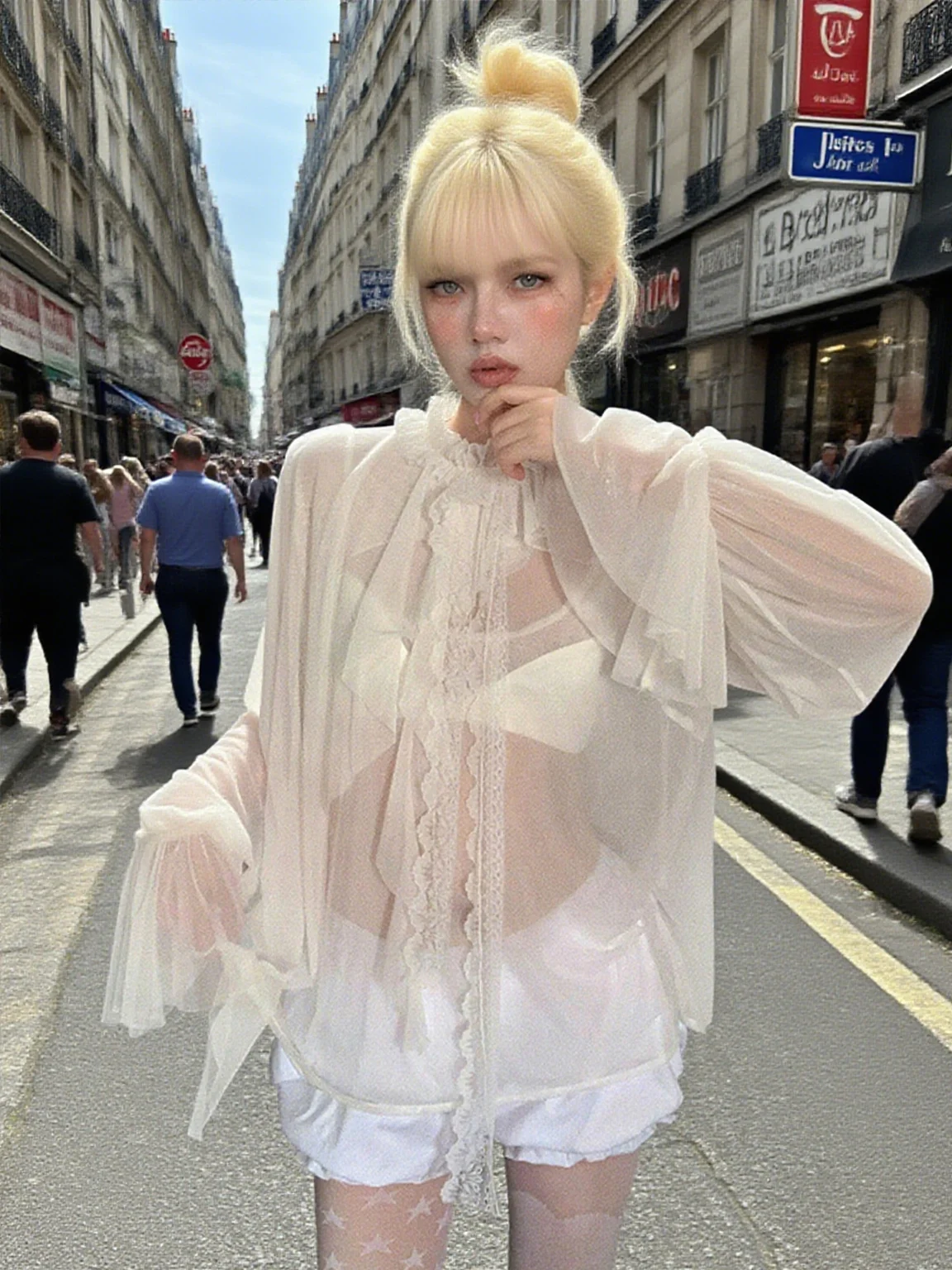 

InGrily Coquette Sexy Mesh Top Women Lace Ribbon Backless Button Ruffles Pure Desire Wild Solid Street Midnight Clubwear Tees