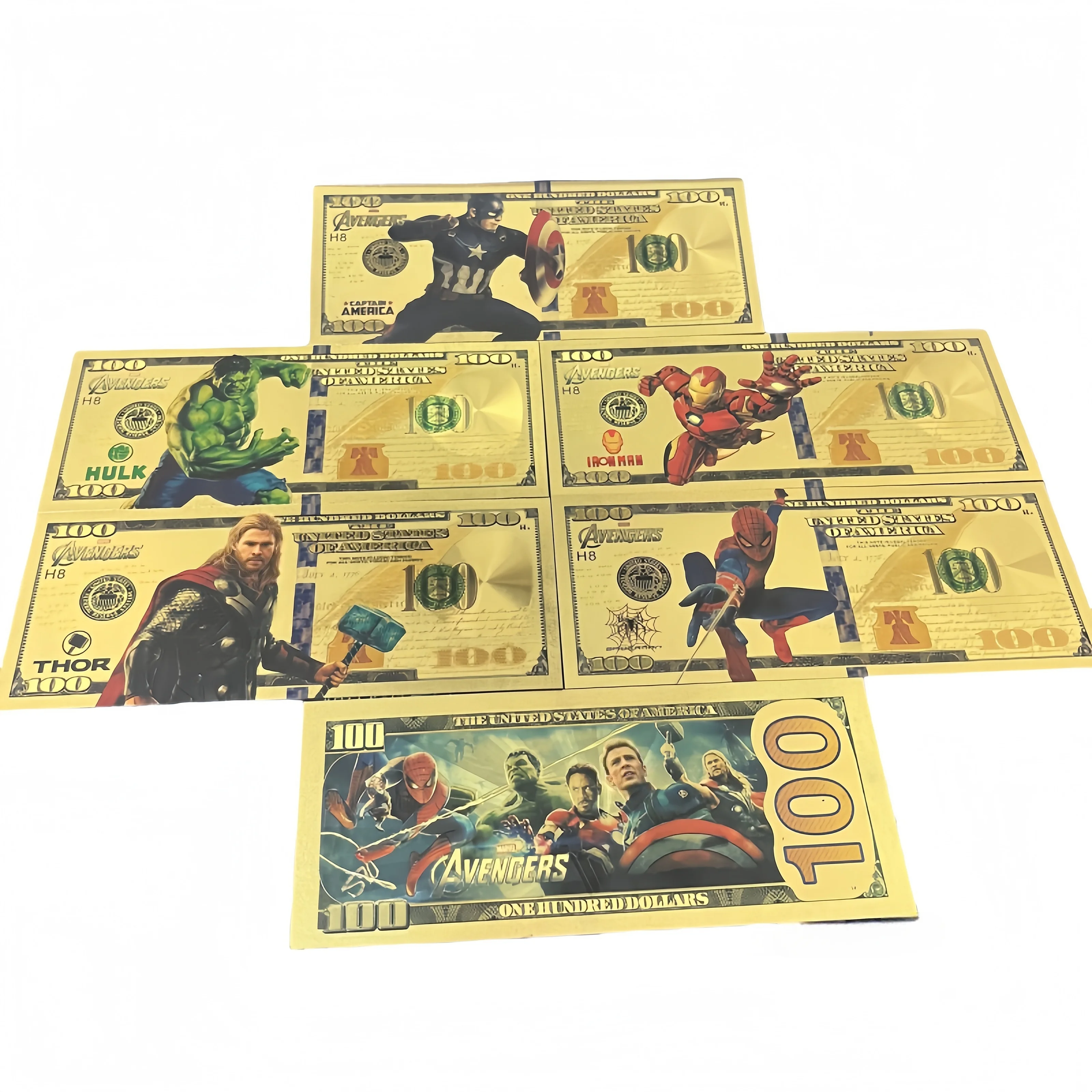 

Miniso Marvel serie spider man Ironman American Captain Hulk Gold foil plastic Banknote The Avengers Movie prop golden bills