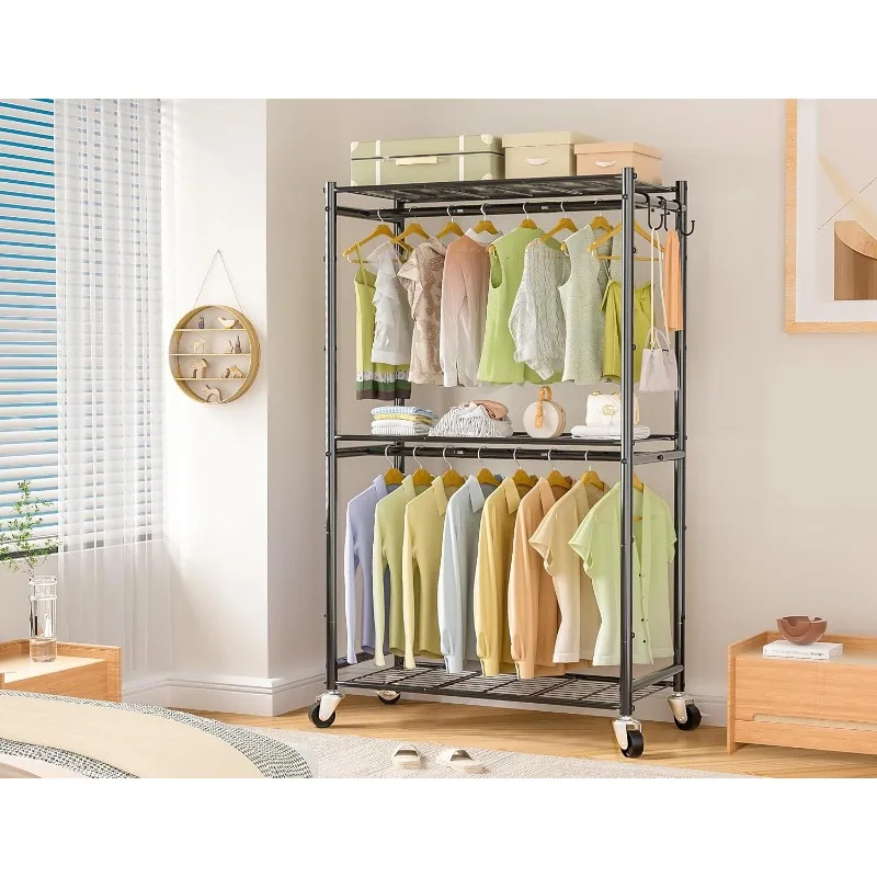 Rolling Clothes Rack for Hanging Clothes, Metal Clothing Garment Rack with Double Rods & 3 Wire Shelves, Portable Wardrobe