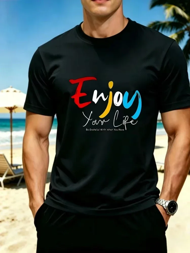 Summer Men's Fashion Loose Fit Trendy Street Style Casual Versatile Enjoy Your Life English Letter Print Top