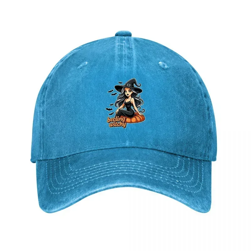 New Witchy Witch Design Cotton Washed Baseball Cap Unisex Adjustable Hat Fashion Statement Accessory for Everyday Wear